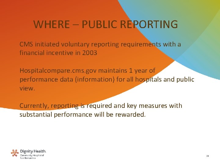 WHERE – PUBLIC REPORTING CMS initiated voluntary reporting requirements with a financial incentive in