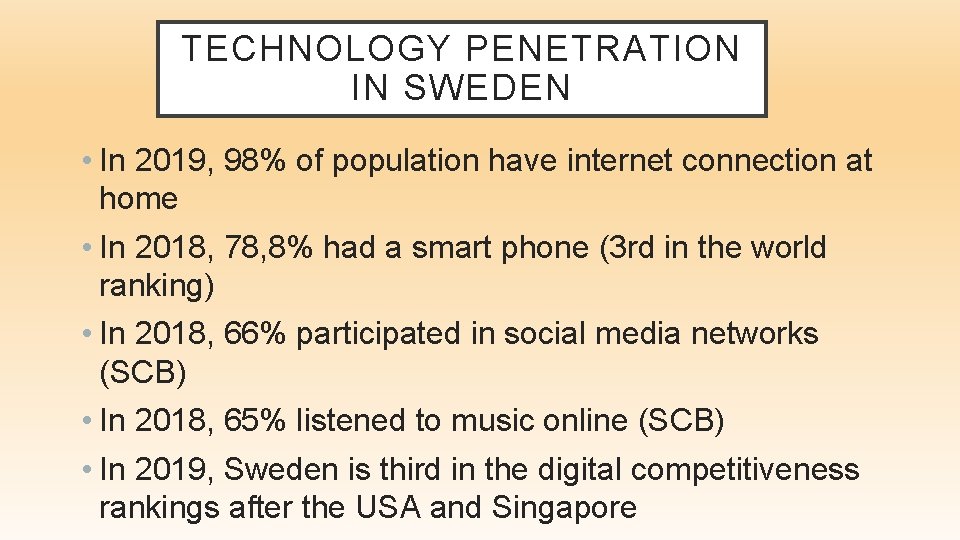 TECHNOLOGY PENETRATION IN SWEDEN • In 2019, 98% of population have internet connection at