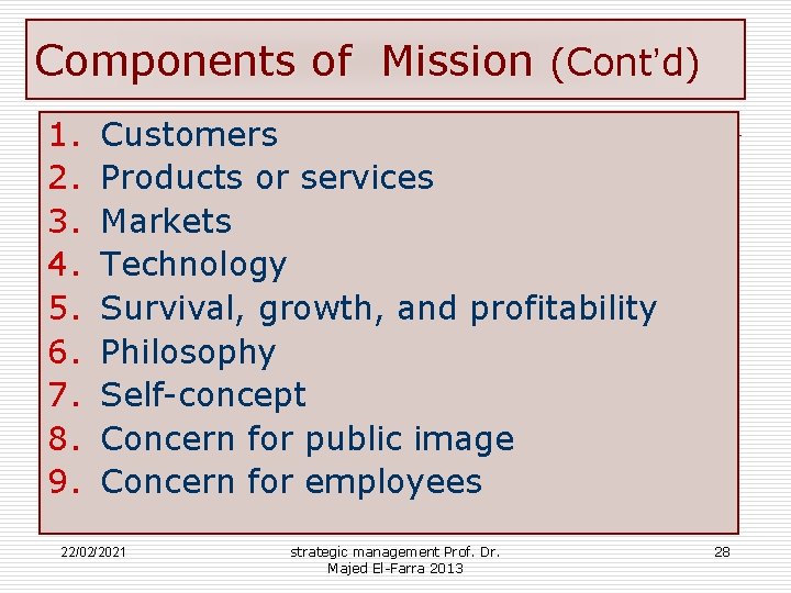 Components of Mission (Cont’d) 1. 2. 3. 4. 5. 6. 7. 8. 9. Customers