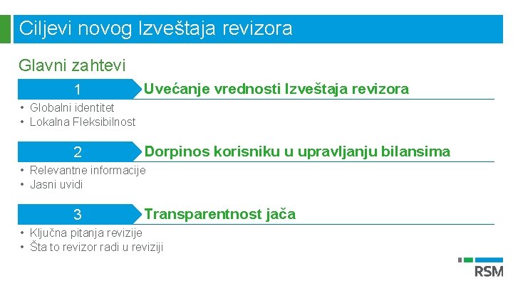 Ciljevi novog Izveštaja revizora Glavni zahtevi 1 Uvećanje vrednosti Izveštaja revizora • Globalni identitet