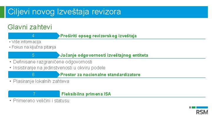 Ciljevi novog Izveštaja revizora Glavni zahtevi 4 Proširiti opseg revizorskog izveštaja • Više informacija