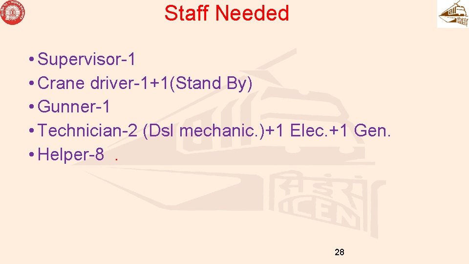 Staff Needed • Supervisor-1 • Crane driver-1+1(Stand By) • Gunner-1 • Technician-2 (Dsl mechanic.