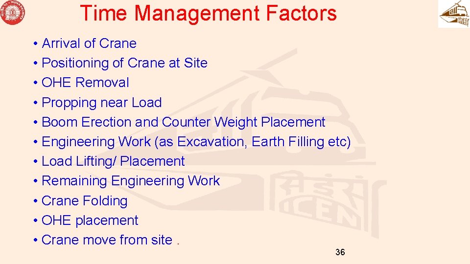 Time Management Factors • Arrival of Crane • Positioning of Crane at Site •