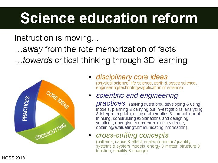 Science education reform _ Instruction is moving… …away from the rote memorization of facts
