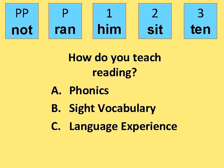 PP not P ran 1 him 2 sit How do you teach reading? A.