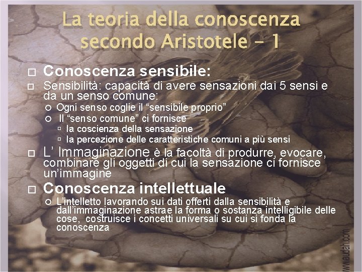 La teoria della conoscenza secondo Aristotele - 1 Conoscenza sensibile: Sensibilità: capacità di avere