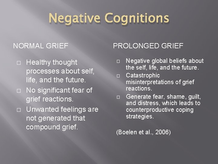 Negative Cognitions NORMAL GRIEF � � � Healthy thought processes about self, life, and