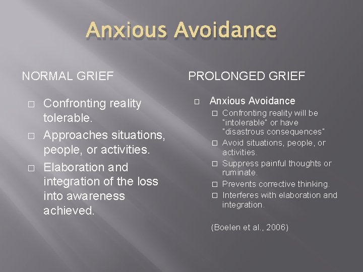Anxious Avoidance NORMAL GRIEF � � � Confronting reality tolerable. Approaches situations, people, or