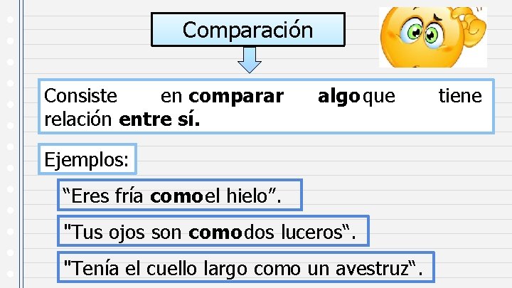 Comparación Consiste en comparar relación entre sí. algo que Ejemplos: “Eres fría como el