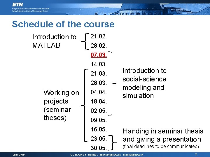 Schedule of the course Introduction to MATLAB 21. 02. 28. 02. 07. 03. 14.