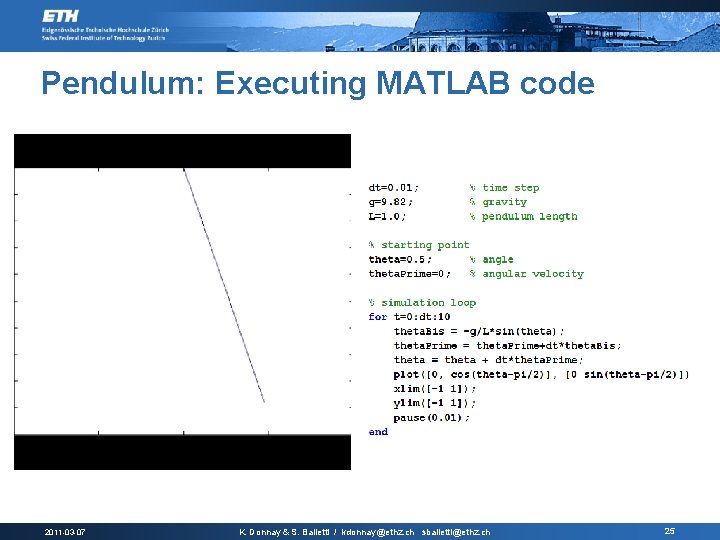 Pendulum: Executing MATLAB code 2011 -03 -07 K. Donnay & S. Balietti / kdonnay@ethz.