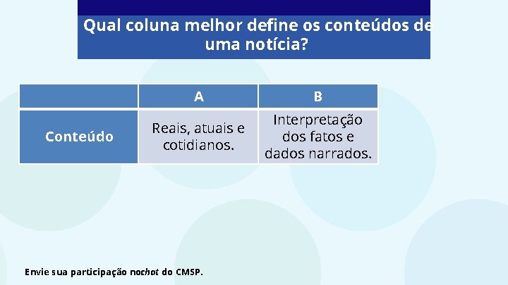 Qual coluna melhor define os conteúdos de uma notícia? Conteúdo A B Reais, atuais