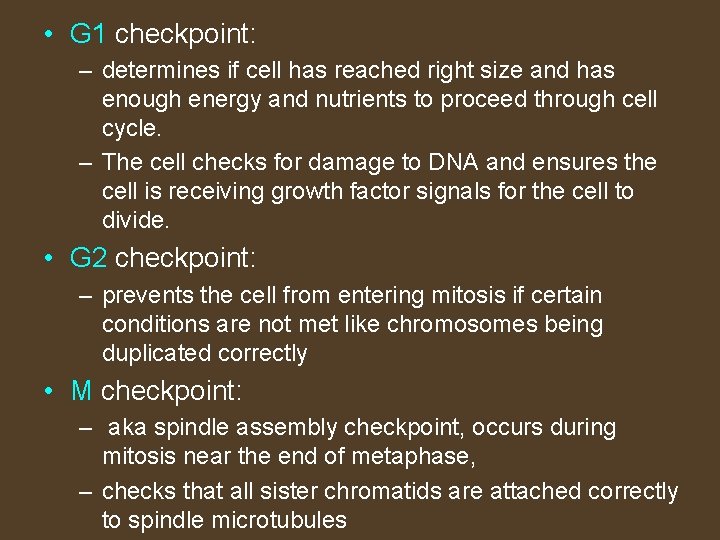  • G 1 checkpoint: – determines if cell has reached right size and