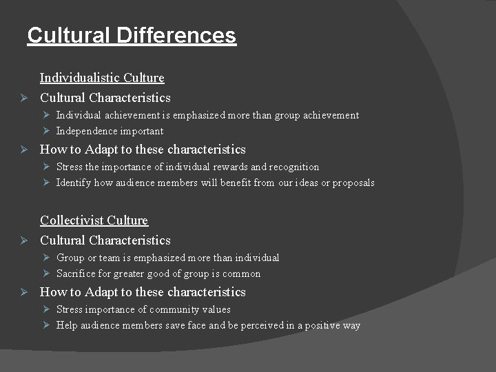 Cultural Differences Individualistic Culture Ø Cultural Characteristics Ø Individual achievement is emphasized more than Cultural Differences Individualistic Culture Ø Cultural Characteristics Ø Individual achievement is emphasized more than