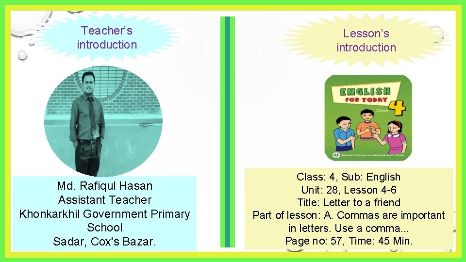 Teacher’s introduction Md. Rafiqul Hasan Assistant Teacher Khonkarkhil Government Primary School Sadar, Cox's Bazar.