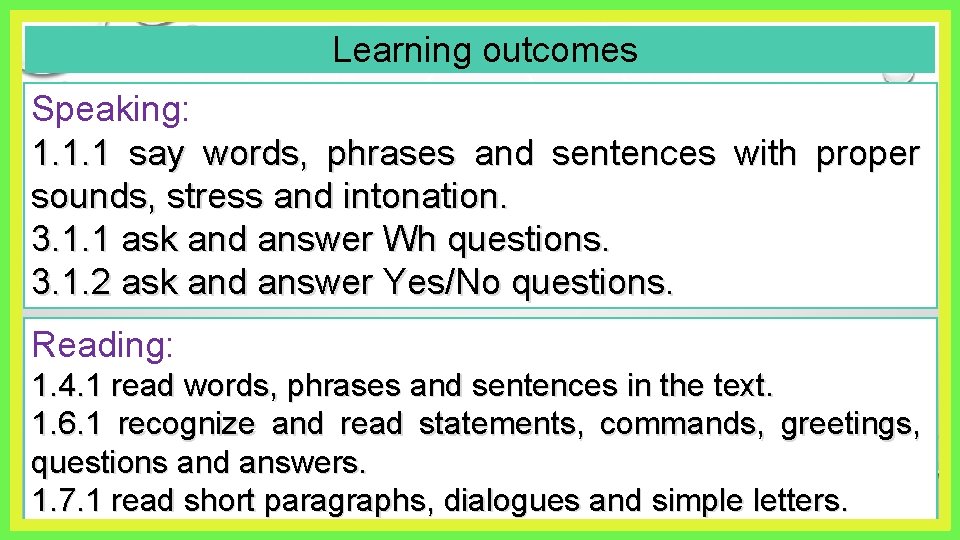 Learning outcomes Speaking: 1. 1. 1 say words, phrases and sentences with proper sounds,