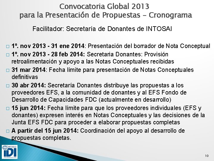 Convocatoria Global 2013 para la Presentación de Propuestas - Cronograma Facilitador: Secretaría de Donantes