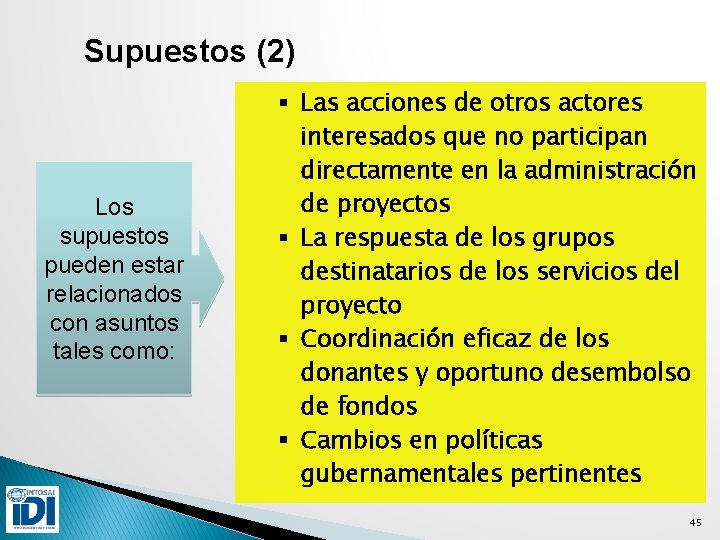 Supuestos (2) Los supuestos pueden estar relacionados con asuntos tales como: § Las acciones