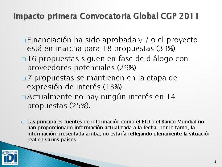 Impacto primera Convocatoria Global CGP 2011 � Financiación ha sido aprobada y / o