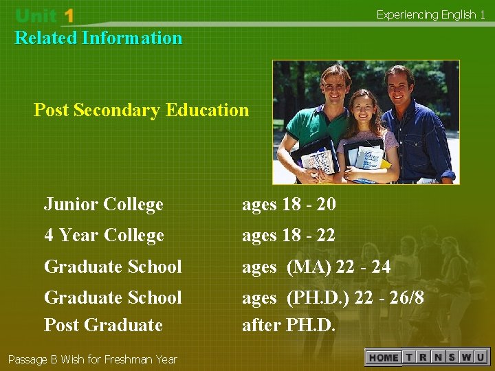 Experiencing English 1 Related Information Post Secondary Education Junior College ages 18 - 20