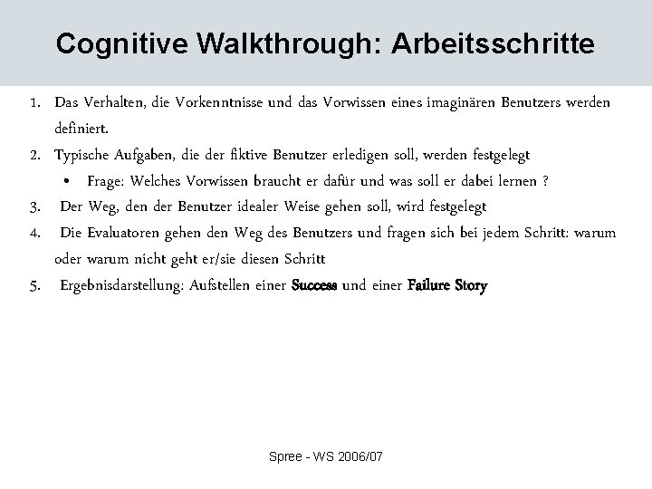 Cognitive Walkthrough: Arbeitsschritte 1. Das Verhalten, die Vorkenntnisse und das Vorwissen eines imaginären Benutzers