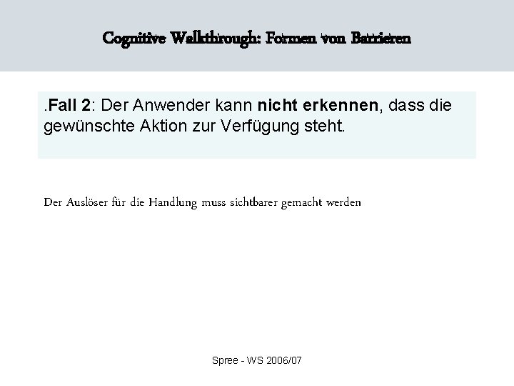 Cognitive Walkthrough: Formen von Barrieren. Fall 2: Der Anwender kann nicht erkennen, dass die