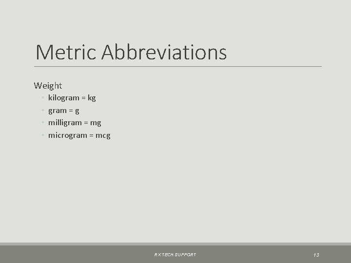 Metric Abbreviations Weight ◦ ◦ kilogram = kg gram = g milligram = mg