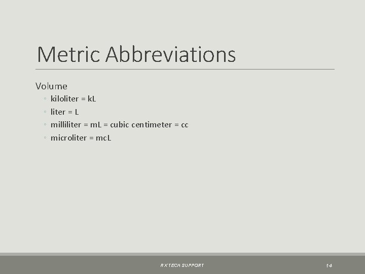 Metric Abbreviations Volume ◦ ◦ kiloliter = k. L liter = L milliliter =