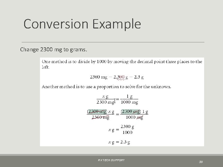 Conversion Example Change 2300 mg to grams. RX TECH SUPPORT 30 