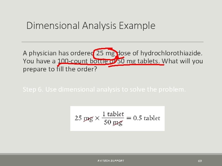 Dimensional Analysis Example A physician has ordered 25 mg dose of hydrochlorothiazide. You have