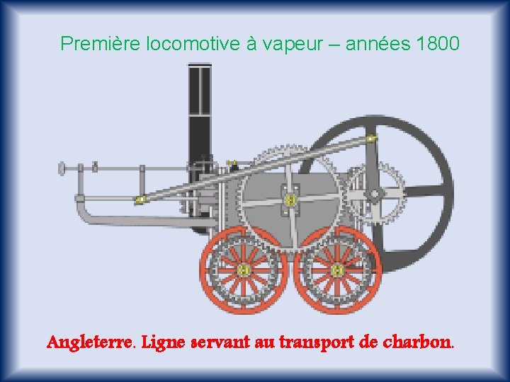 Première locomotive à vapeur – années 1800 Angleterre. Ligne servant au transport de charbon.