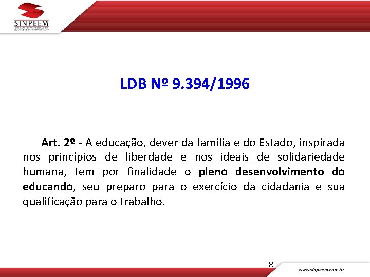 LDB Nº 9. 394/1996 Art. 2º - A educação, dever da família e do