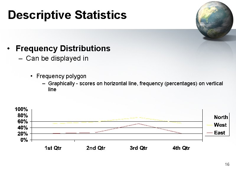 Descriptive Statistics • Frequency Distributions – Can be displayed in • Frequency polygon –