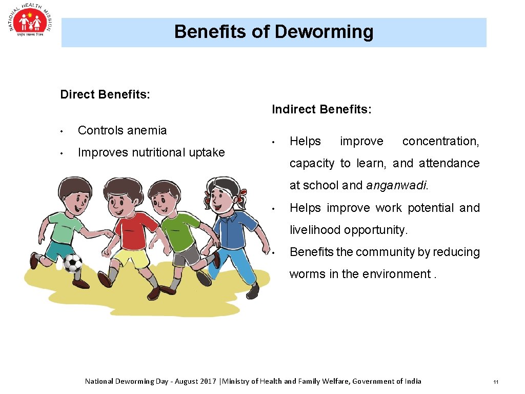 Benefits of Deworming Direct Benefits: Indirect Benefits: • • Controls anemia Improves nutritional uptake