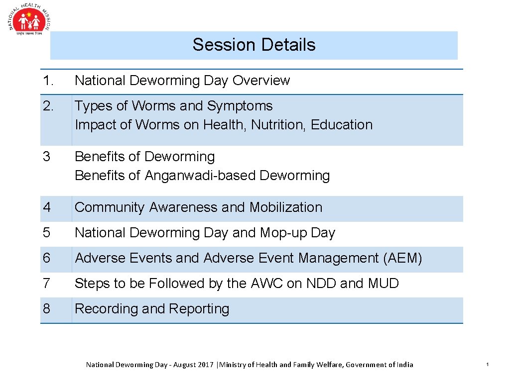 Session Details 1. National Deworming Day Overview 2. Types of Worms and Symptoms Impact