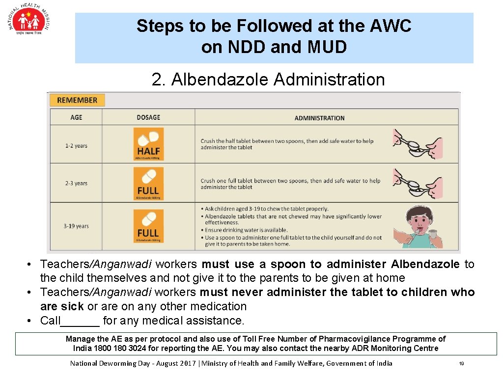 Steps to be Followed at the AWC on NDD and MUD 2. Albendazole Administration