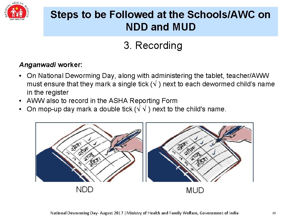 Steps to be Followed at the Schools/AWC on NDD and MUD 3. Recording Anganwadi