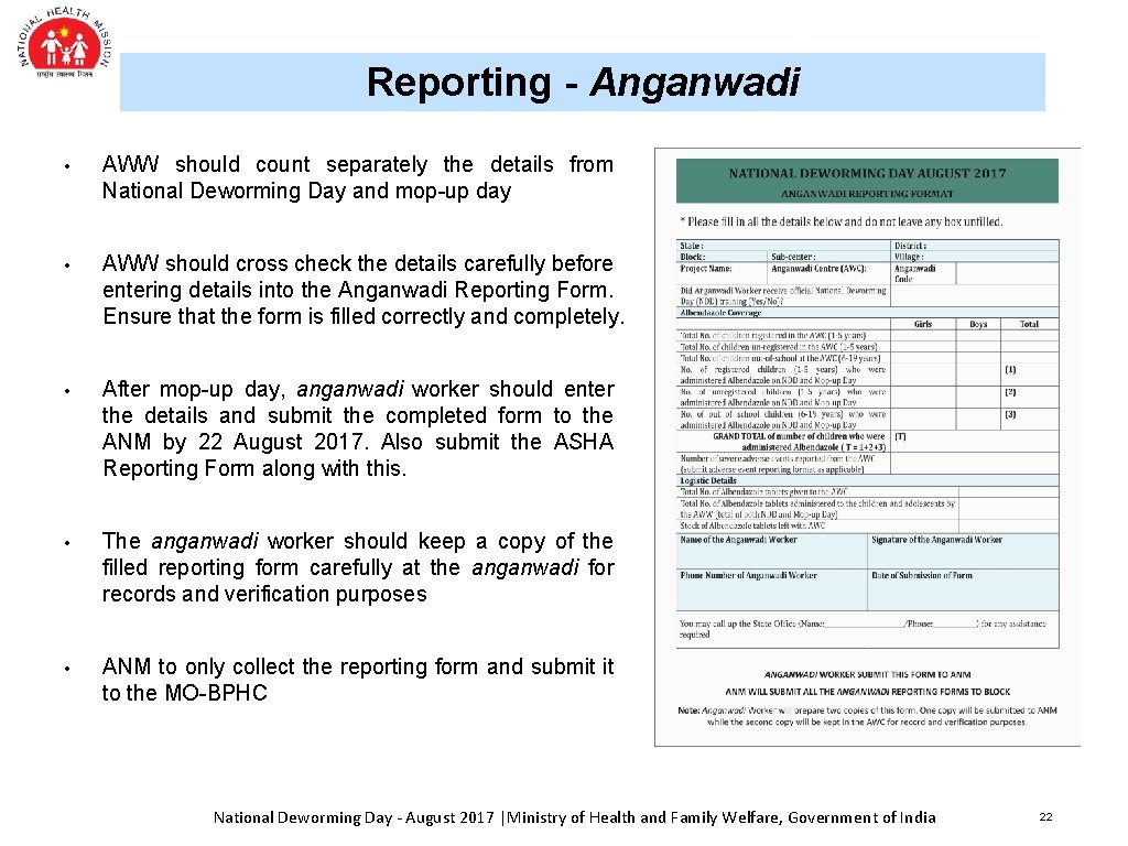 Reporting - Anganwadi • AWW should count separately the details from National Deworming Day