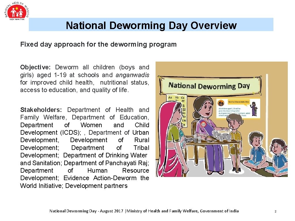 National Deworming Day Overview Fixed day approach for the deworming program Objective: Deworm all