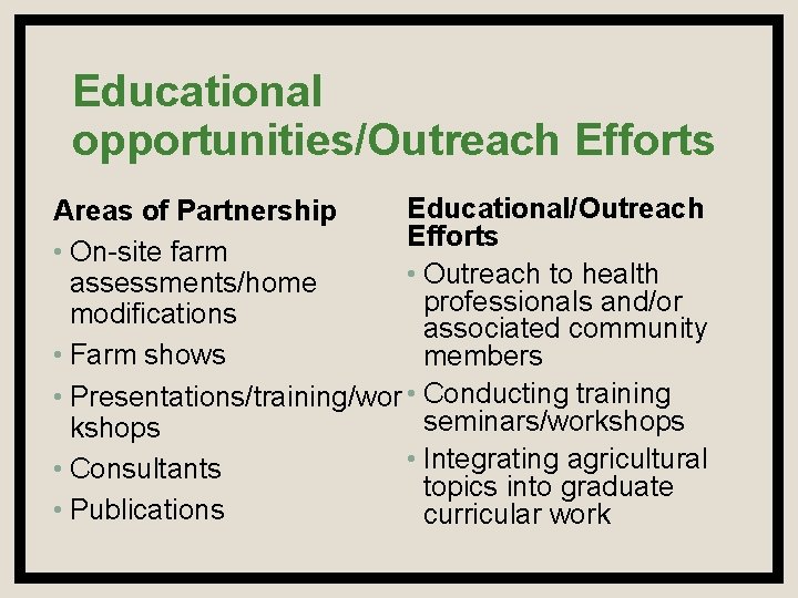 Educational opportunities/Outreach Efforts Educational/Outreach Areas of Partnership Efforts • On-site farm • Outreach to