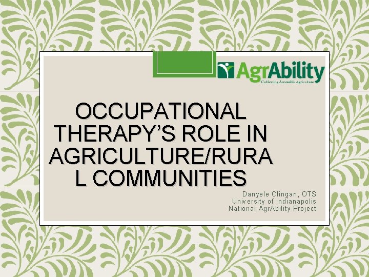 OCCUPATIONAL THERAPY’S ROLE IN AGRICULTURE/RURA L COMMUNITIES Danyele Clingan, OTS University of Indianapolis National