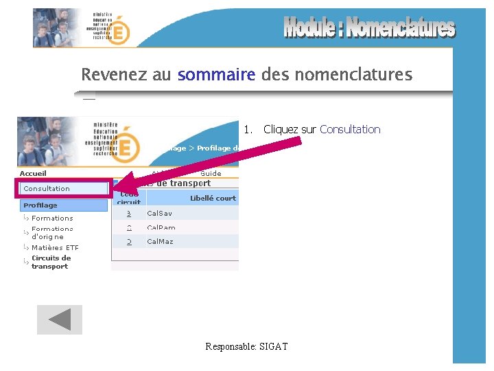 Revenez au sommaire des nomenclatures 1. Cliquez sur Consultation Responsable: SIGAT 