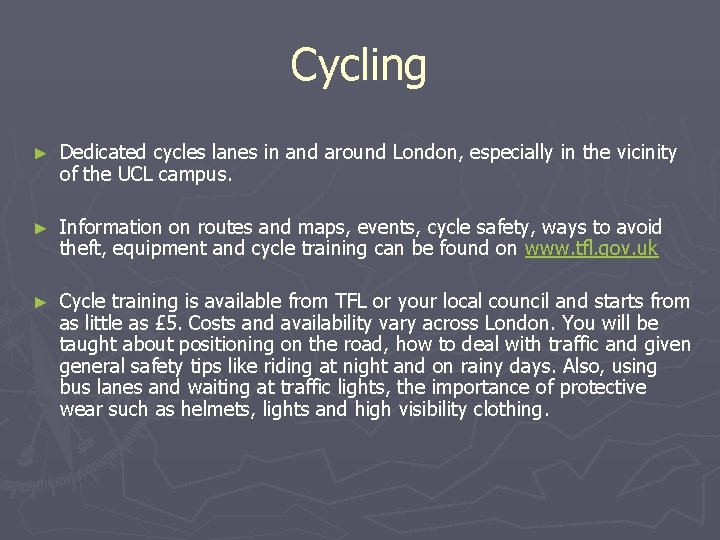 Cycling ► Dedicated cycles lanes in and around London, especially in the vicinity of