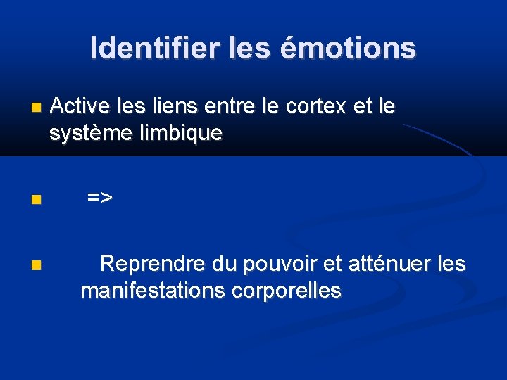 Identifier les émotions Active les liens entre le cortex et le système limbique =>