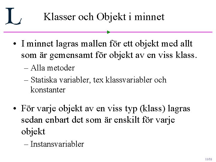 Klasser och Objekt i minnet • I minnet lagras mallen för ett objekt med Klasser och Objekt i minnet • I minnet lagras mallen för ett objekt med