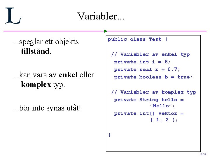 Variabler. . . speglar ett objekts tillstånd. public class Test { // Variabler av Variabler. . . speglar ett objekts tillstånd. public class Test { // Variabler av