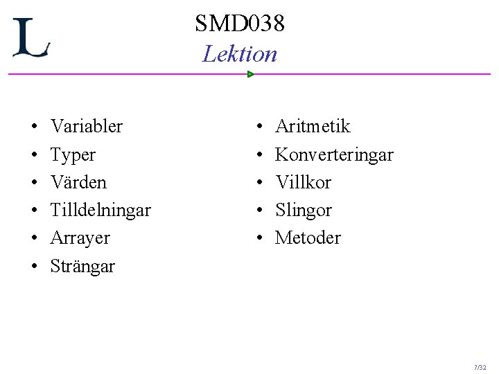 SMD 038 Lektion • • • Variabler Typer Värden Tilldelningar Arrayer Strängar • • SMD 038 Lektion • • • Variabler Typer Värden Tilldelningar Arrayer Strängar • •
