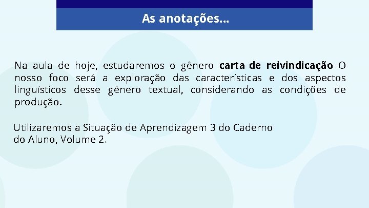 As anotações. . . Na aula de hoje, estudaremos o gênero carta de reivindicação.