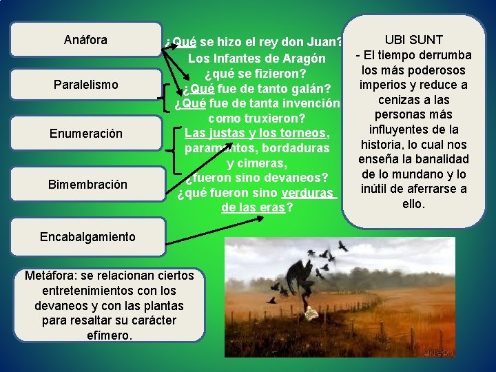 Anáfora Paralelismo Enumeración Bimembración ¿Qué se hizo el rey don Juan? Los Infantes de