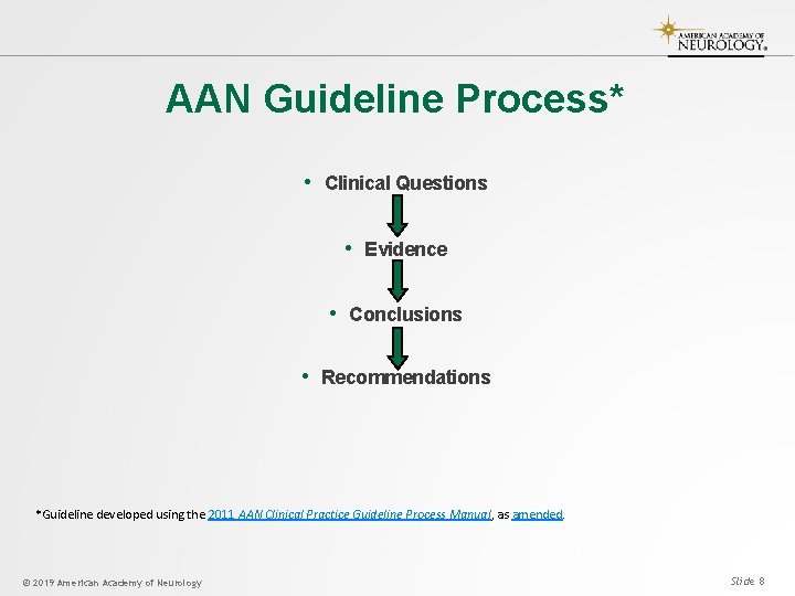 AAN Guideline Process* • Clinical Questions • Evidence • Conclusions • Recommendations *Guideline developed